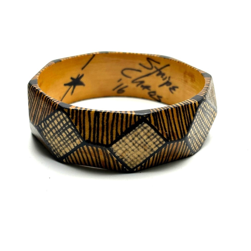 Artisan Handmade Wood Bangle Bracelet Signed Stripe Chaos 2016 Boho Jewelry OOAK